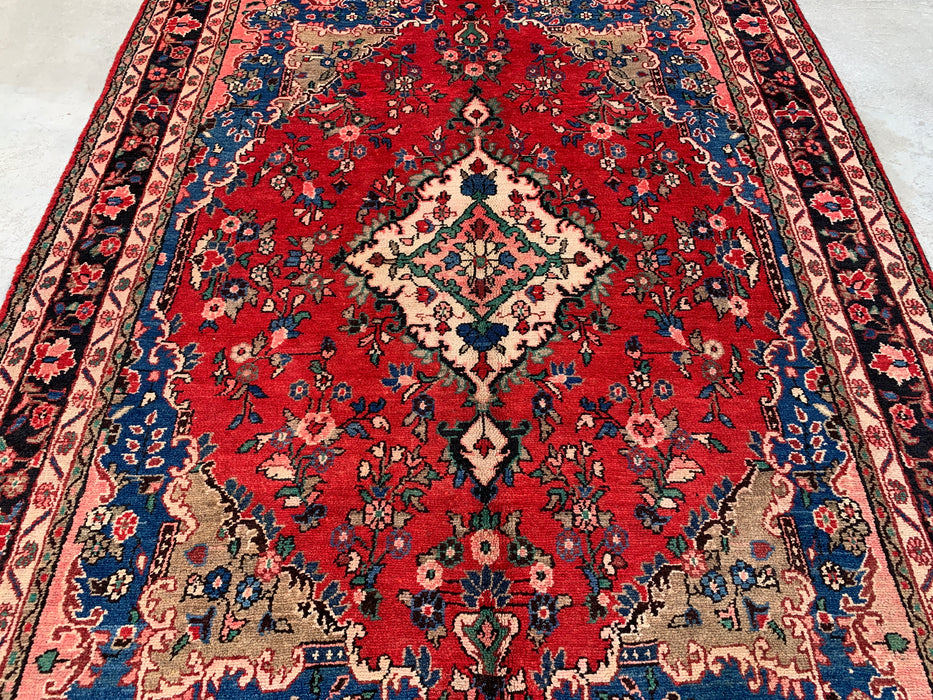 Handgemaakt Perzisch wollen vloerkleed 7x10 - Rood, blauw & ivoorkleurig Perzisch tapijt met bloemenmedaillon - Exacte afmeting 9'8" x 6'10" - KBHM-814