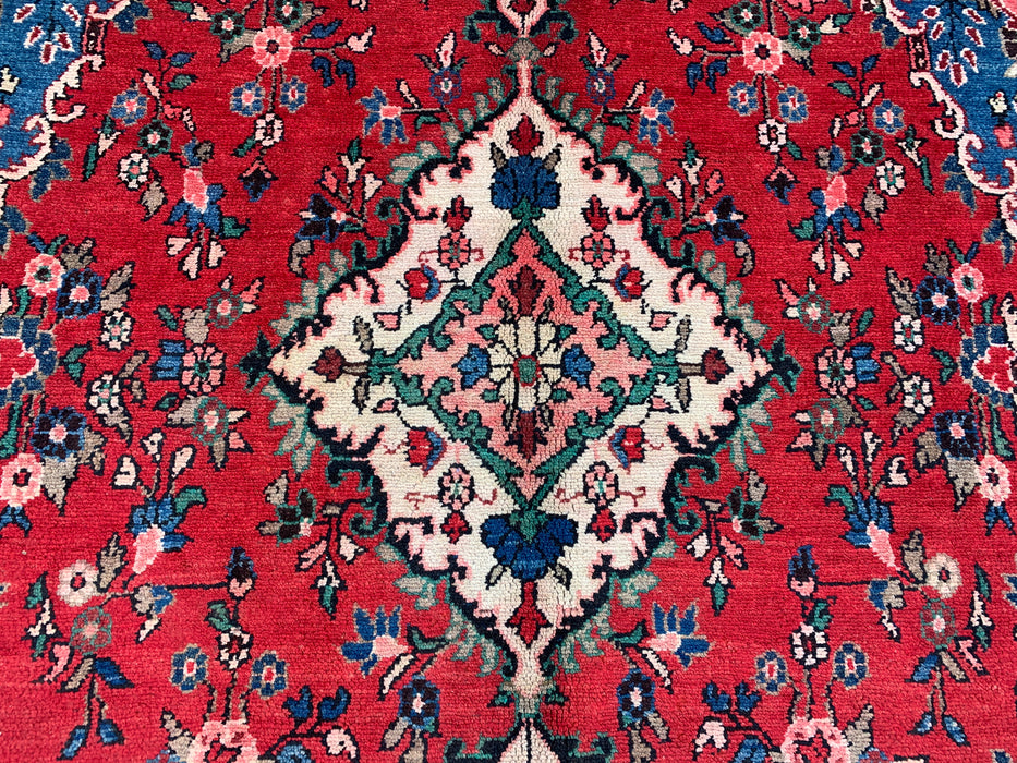Handgemaakt Perzisch wollen vloerkleed 7x10 - Rood, blauw & ivoorkleurig Perzisch tapijt met bloemenmedaillon - Exacte afmeting 9'8" x 6'10" - KBHM-814