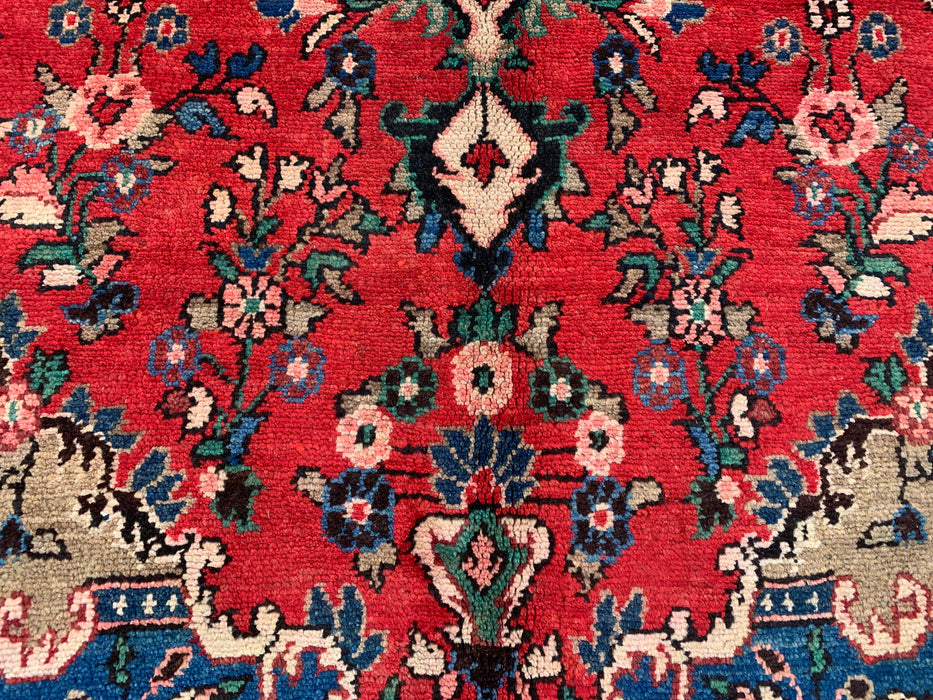 Handgemaakt Perzisch wollen vloerkleed 7x10 - Rood, blauw & ivoorkleurig Perzisch tapijt met bloemenmedaillon - Exacte afmeting 9'8" x 6'10" - KBHM-814