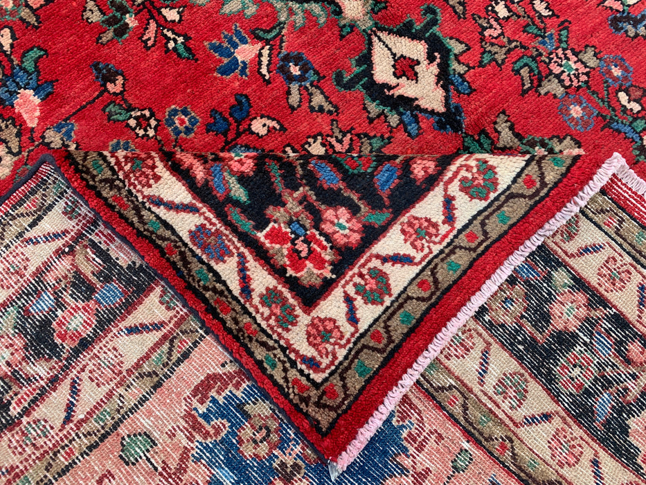 Handgemaakt Perzisch wollen vloerkleed 7x10 - Rood, blauw & ivoorkleurig Perzisch tapijt met bloemenmedaillon - Exacte afmeting 9'8" x 6'10" - KBHM-814