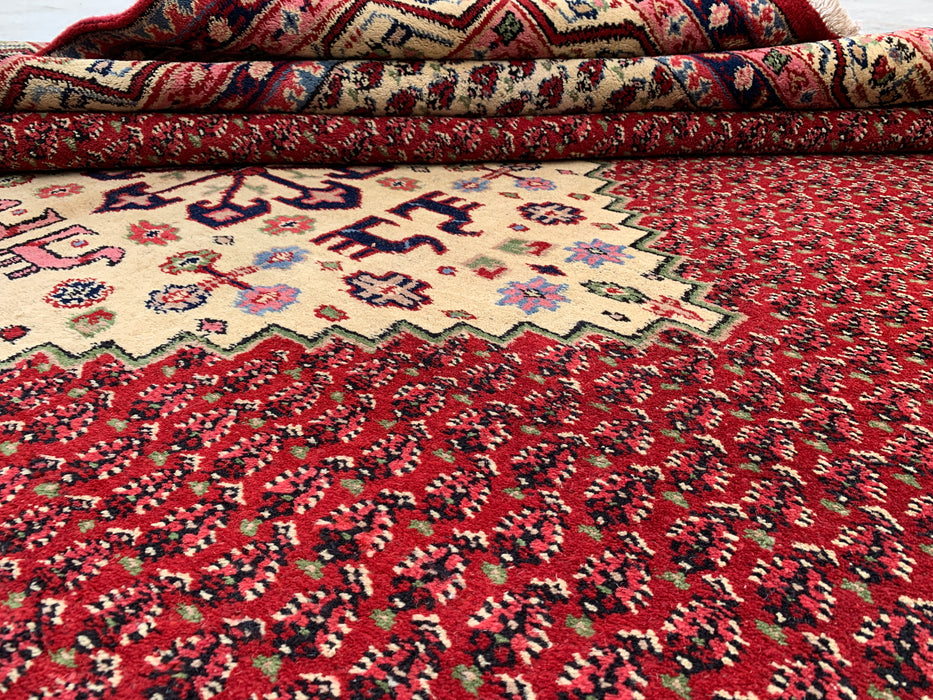 11'1" x 7'10" handgeknoopt Perzisch wollen tapijt – Rood & Ivoor geometrisch medaillon vloerkleed – KBHM-815
