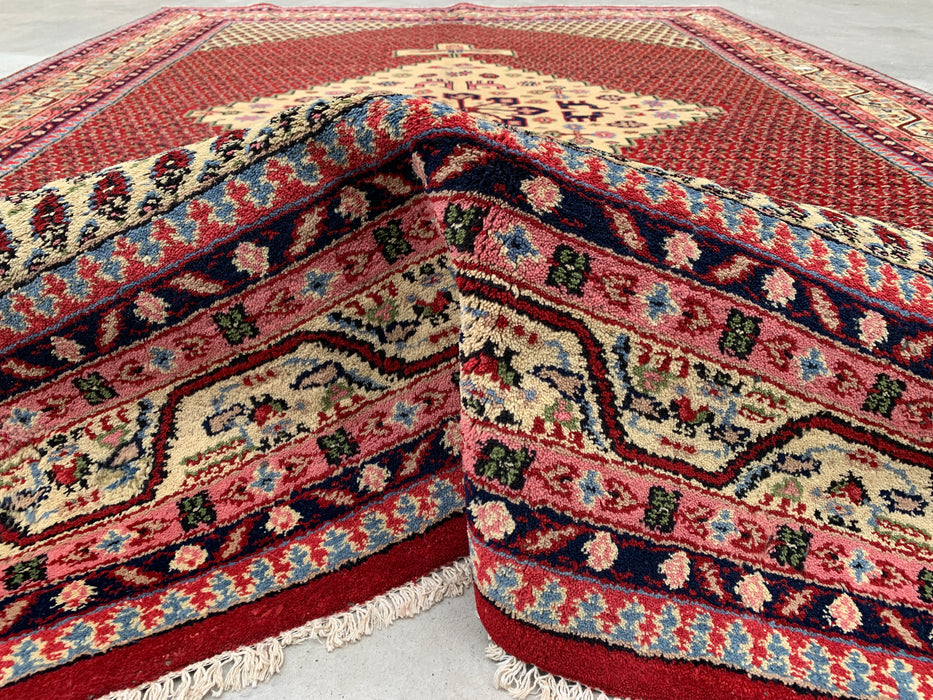 11'1" x 7'10" handgeknoopt Perzisch wollen tapijt – Rood & Ivoor geometrisch medaillon vloerkleed – KBHM-815