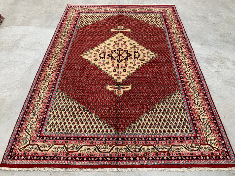 11'1" x 7'10" handgeknoopt Perzisch wollen tapijt – Rood & Ivoor geometrisch medaillon vloerkleed – KBHM-815