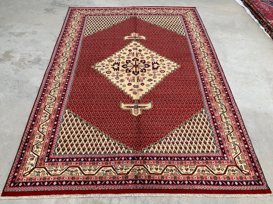 11'1" x 7'10" handgeknoopt Perzisch wollen tapijt – Rood & Ivoor geometrisch medaillon vloerkleed – KBHM-815