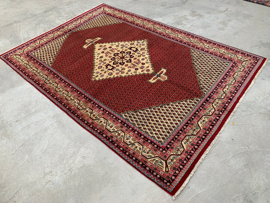 11'1" x 7'10" handgeknoopt Perzisch wollen tapijt – Rood & Ivoor geometrisch medaillon vloerkleed – KBHM-815