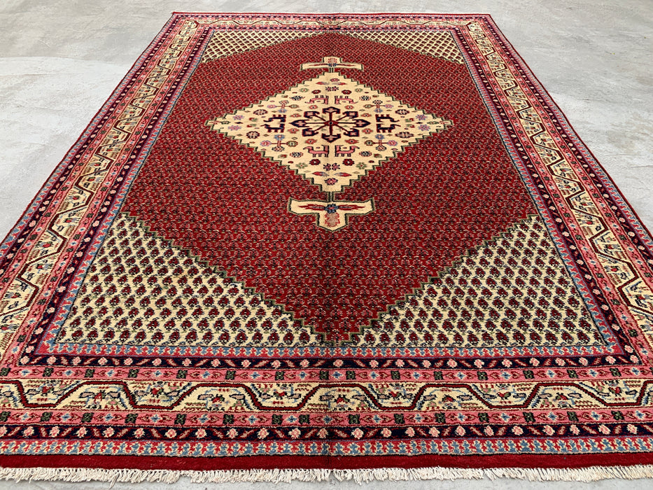 11'1" x 7'10" handgeknoopt Perzisch wollen tapijt – Rood & Ivoor geometrisch medaillon vloerkleed – KBHM-815