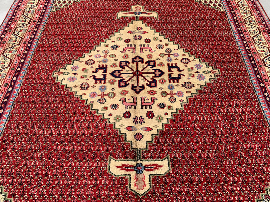 11'1" x 7'10" handgeknoopt Perzisch wollen tapijt – Rood & Ivoor geometrisch medaillon vloerkleed – KBHM-815
