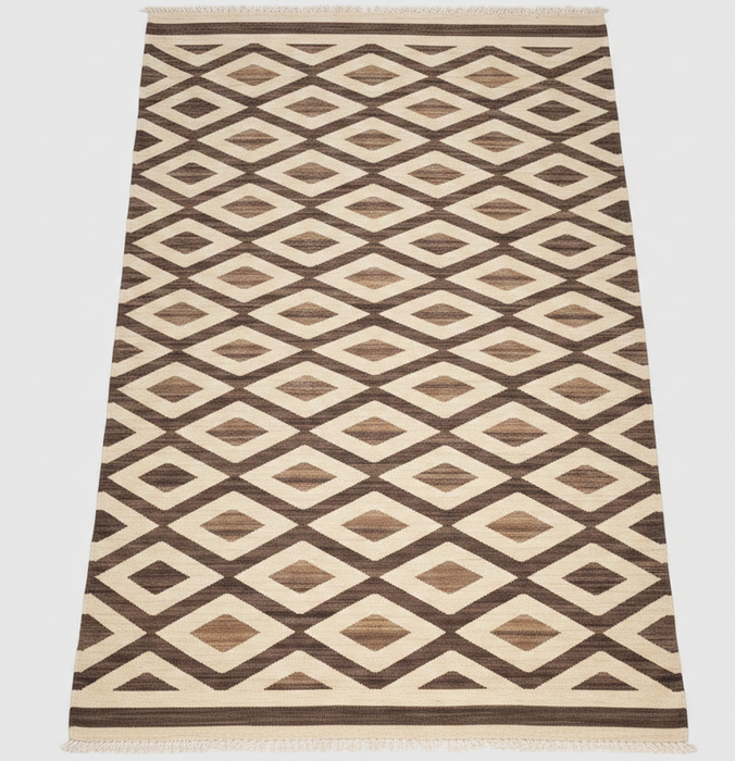 Handgeweven wollen kelim loper – Bruin / Beige ruitpatroon – 157 x 315 cm