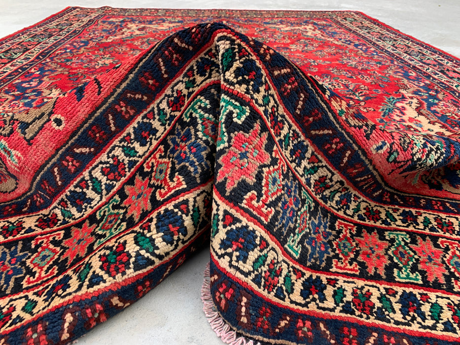 9'6" x 7'0" Hand-Knotted Persian Wool Rug – Red, Blue & Ivory Floral Medallion Design – KBHM-816