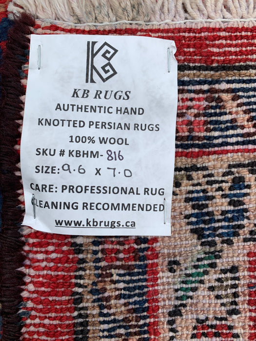 9'6" x 7'0" Hand-Knotted Persian Wool Rug – Red, Blue & Ivory Floral Medallion Design – KBHM-816