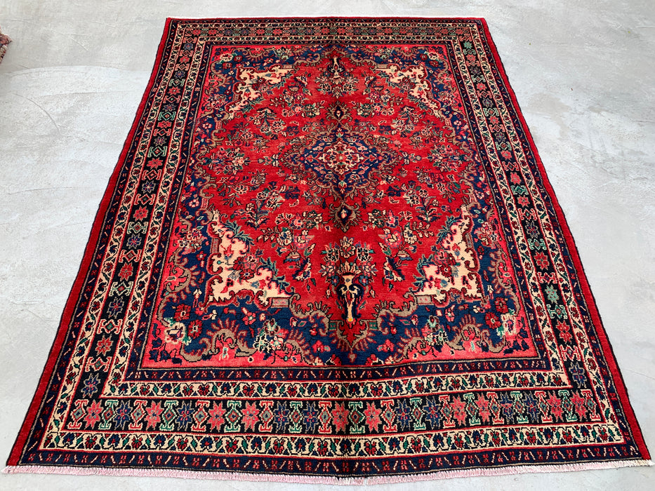 9'6" x 7'0" Hand-Knotted Persian Wool Rug – Red, Blue & Ivory Floral Medallion Design – KBHM-816