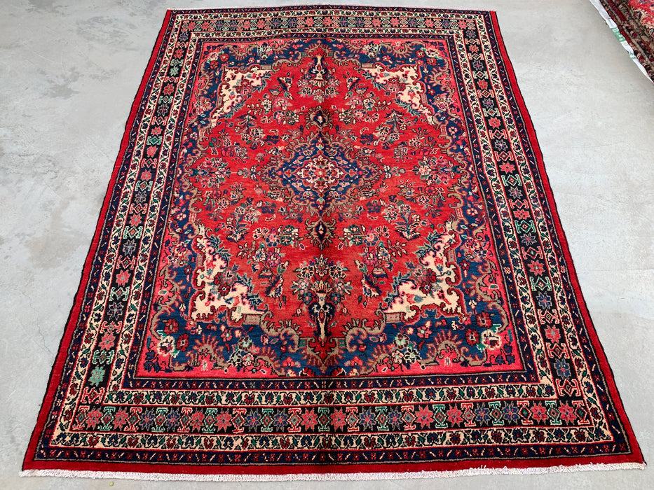 9'6" x 7'0" Hand-Knotted Persian Wool Rug – Red, Blue & Ivory Floral Medallion Design – KBHM-816