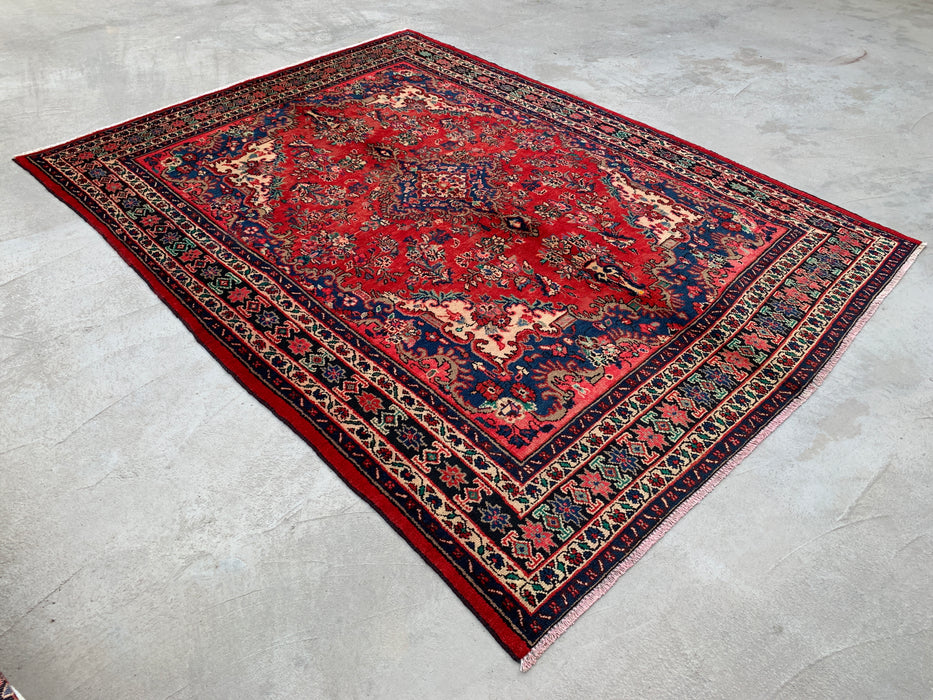 9'6" x 7'0" Hand-Knotted Persian Wool Rug – Red, Blue & Ivory Floral Medallion Design – KBHM-816