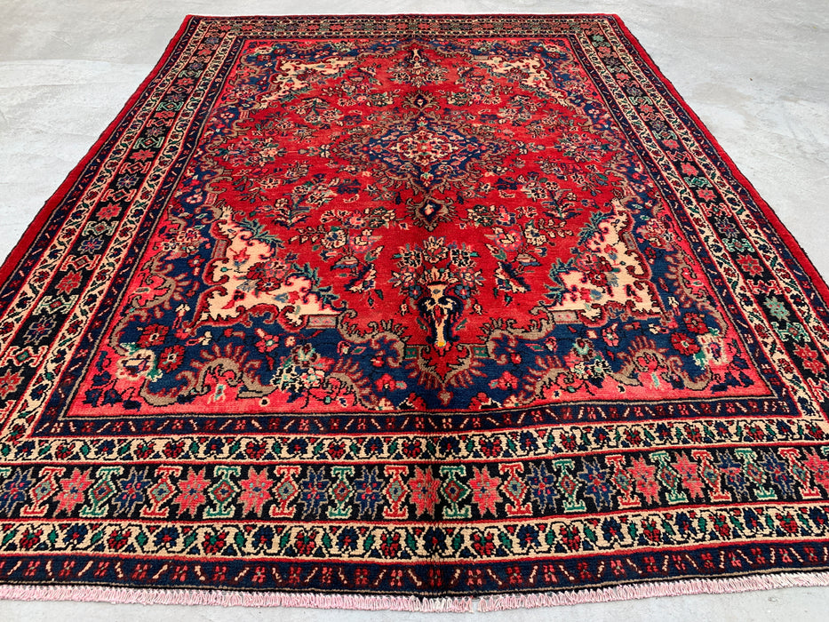 9'6" x 7'0" Hand-Knotted Persian Wool Rug – Red, Blue & Ivory Floral Medallion Design – KBHM-816