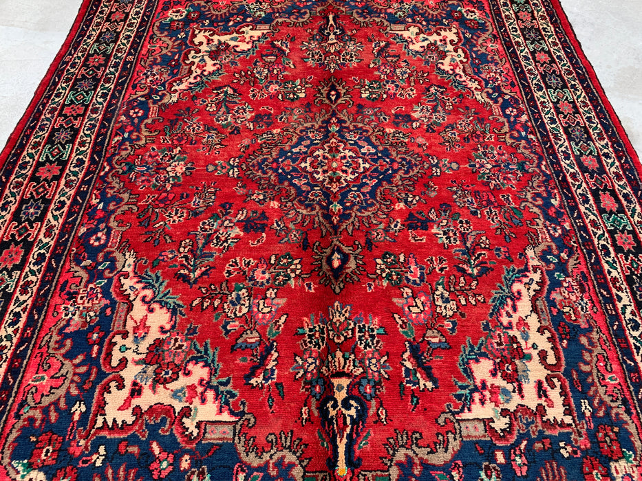 9'6" x 7'0" Hand-Knotted Persian Wool Rug – Red, Blue & Ivory Floral Medallion Design – KBHM-816