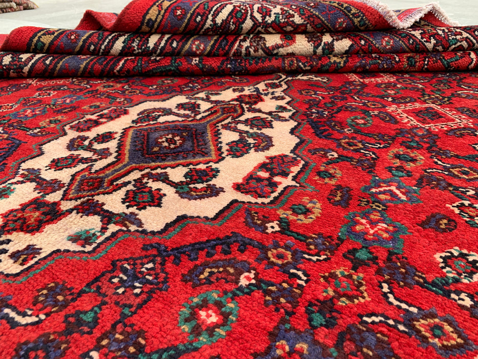 Handgemaakt Perzisch wollen vloerkleed 210x300 - Rood, ivoor & marineblauw tribaal medaillon Perzisch stijl kleed - Exacte afmeting 299 cm x 211 cm - KBHM-817