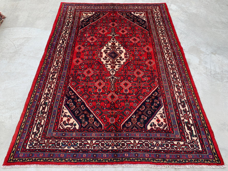 Handgemaakt Perzisch wollen vloerkleed 210x300 - Rood, ivoor & marineblauw tribaal medaillon Perzisch stijl kleed - Exacte afmeting 299 cm x 211 cm - KBHM-817
