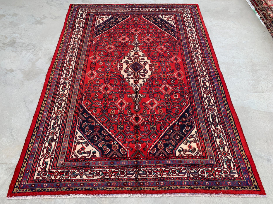 Handgemaakt Perzisch wollen vloerkleed 210x300 - Rood, ivoor & marineblauw tribaal medaillon Perzisch stijl kleed - Exacte afmeting 299 cm x 211 cm - KBHM-817