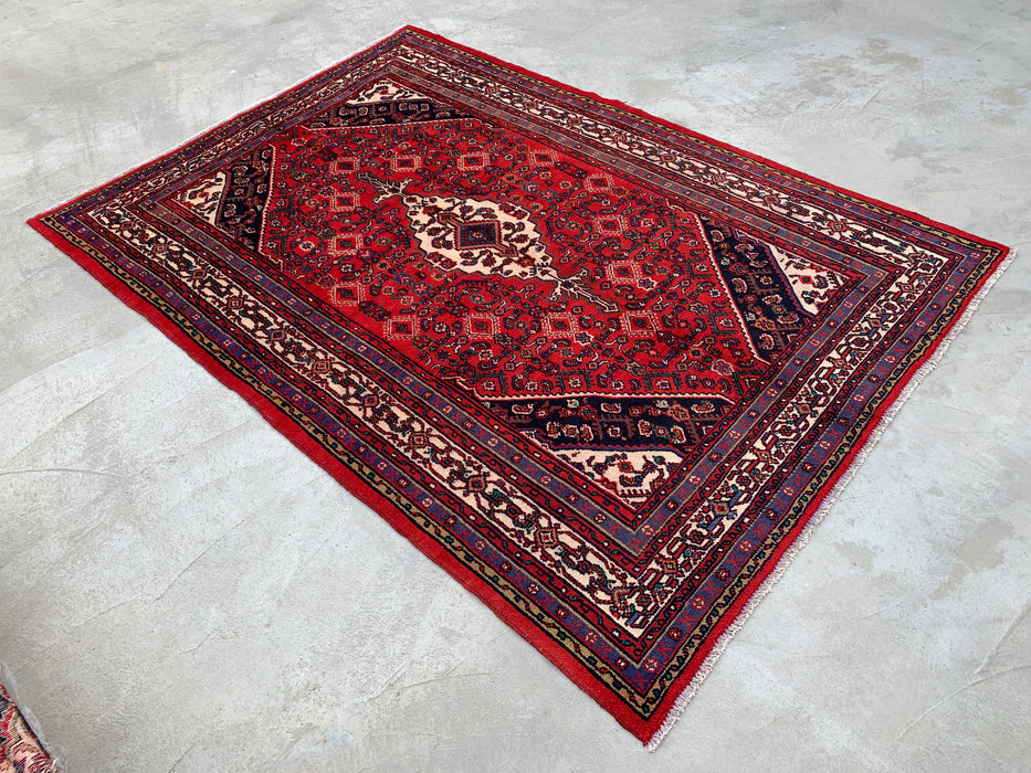 Handgemaakt Perzisch wollen vloerkleed 210x300 - Rood, ivoor & marineblauw tribaal medaillon Perzisch stijl kleed - Exacte afmeting 299 cm x 211 cm - KBHM-817