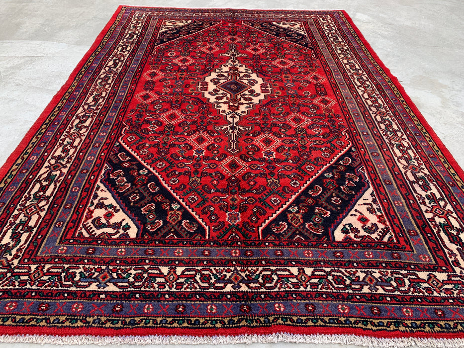Handgemaakt Perzisch wollen vloerkleed 210x300 - Rood, ivoor & marineblauw tribaal medaillon Perzisch stijl kleed - Exacte afmeting 299 cm x 211 cm - KBHM-817