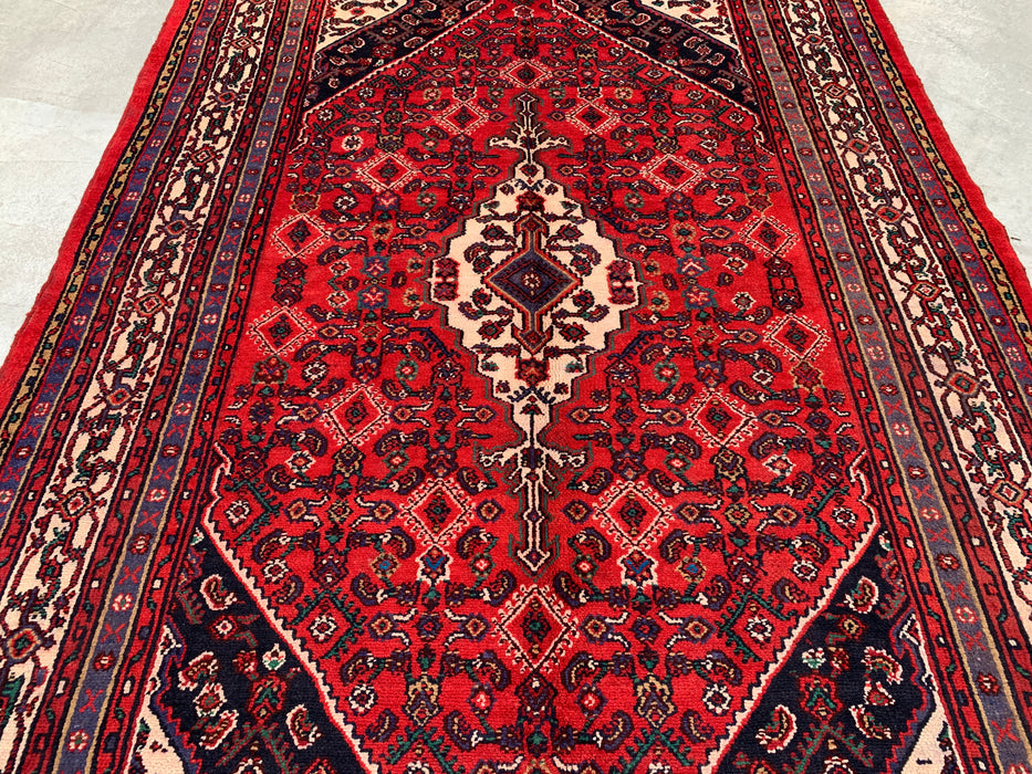 Handgemaakt Perzisch wollen vloerkleed 210x300 - Rood, ivoor & marineblauw tribaal medaillon Perzisch stijl kleed - Exacte afmeting 299 cm x 211 cm - KBHM-817