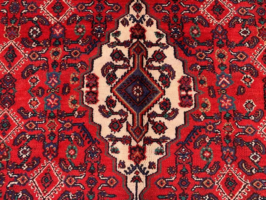 Handgemaakt Perzisch wollen vloerkleed 210x300 - Rood, ivoor & marineblauw tribaal medaillon Perzisch stijl kleed - Exacte afmeting 299 cm x 211 cm - KBHM-817