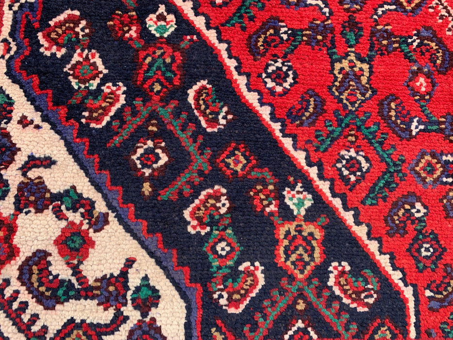 Handgemaakt Perzisch wollen vloerkleed 210x300 - Rood, ivoor & marineblauw tribaal medaillon Perzisch stijl kleed - Exacte afmeting 299 cm x 211 cm - KBHM-817