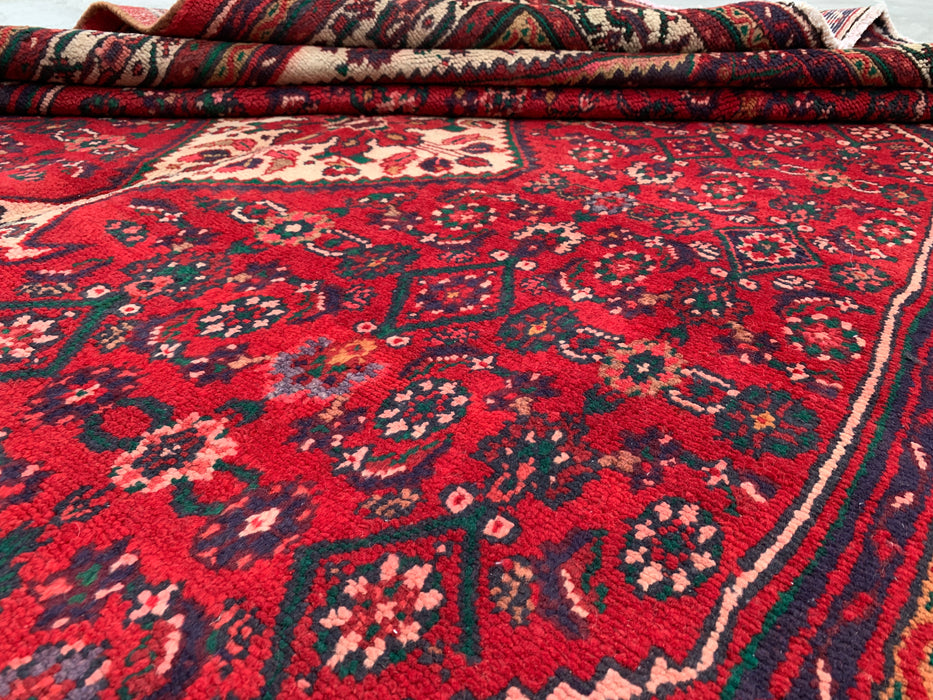 Handgeweven Perzisch wollen vloerkleed 7x10 - Rood, ivoor & marineblauw tribaal medaillon Perzische stijl vloerkleed - Exacte afmeting 9'8" x 6'10" - KBHM-818