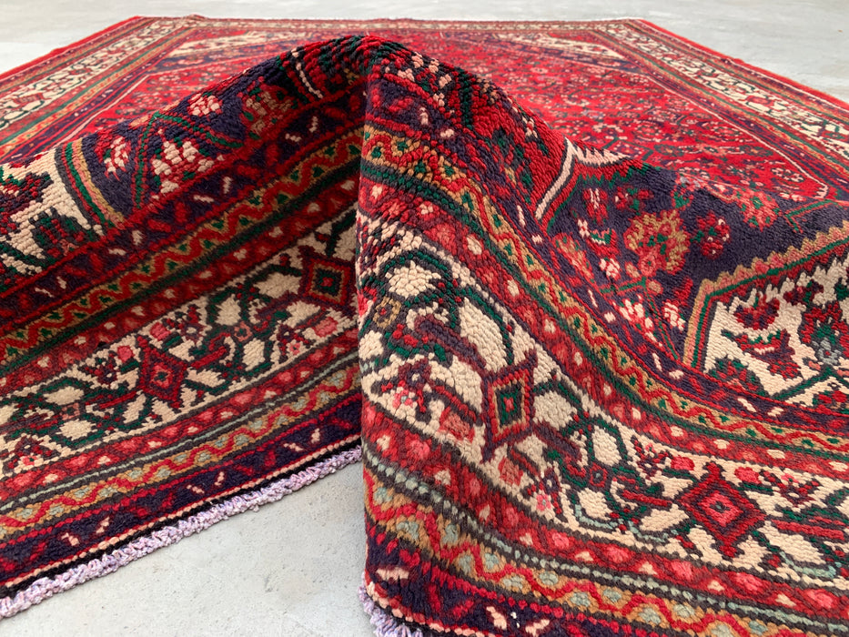 Handgeweven Perzisch wollen vloerkleed 7x10 - Rood, ivoor & marineblauw tribaal medaillon Perzische stijl vloerkleed - Exacte afmeting 9'8" x 6'10" - KBHM-818