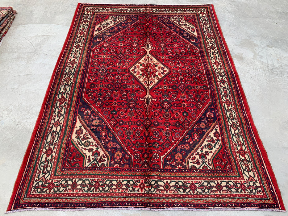 Handgeweven Perzisch wollen vloerkleed 7x10 - Rood, ivoor & marineblauw tribaal medaillon Perzische stijl vloerkleed - Exacte afmeting 9'8" x 6'10" - KBHM-818