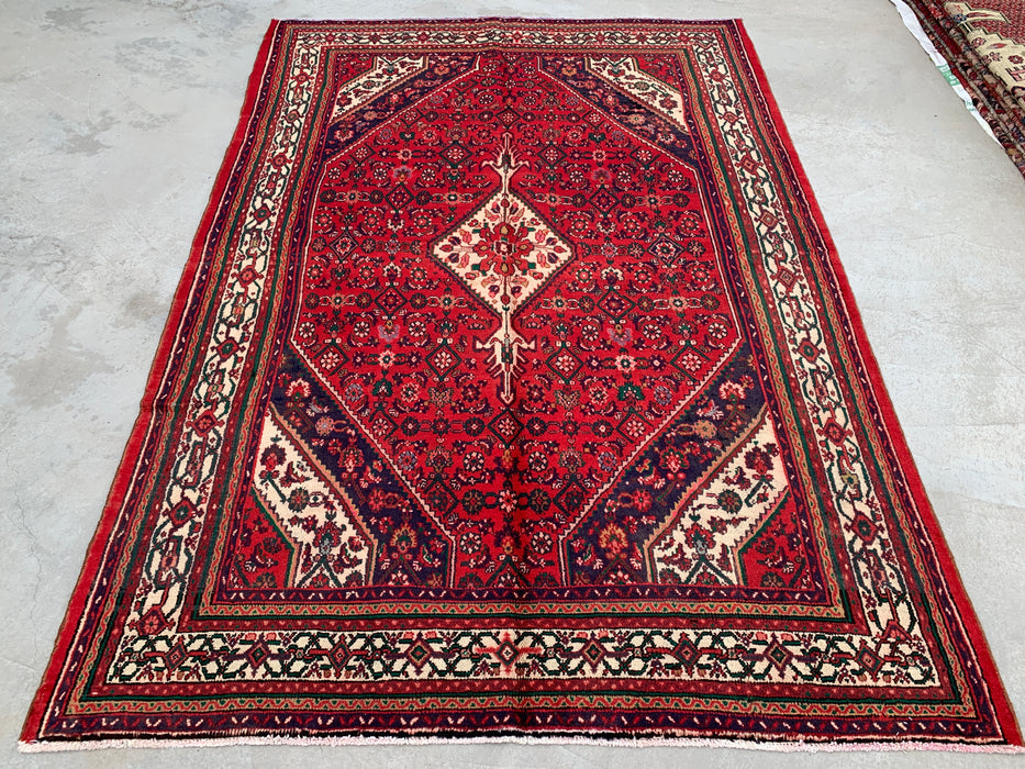 Handgeweven Perzisch wollen vloerkleed 7x10 - Rood, ivoor & marineblauw tribaal medaillon Perzische stijl vloerkleed - Exacte afmeting 9'8" x 6'10" - KBHM-818