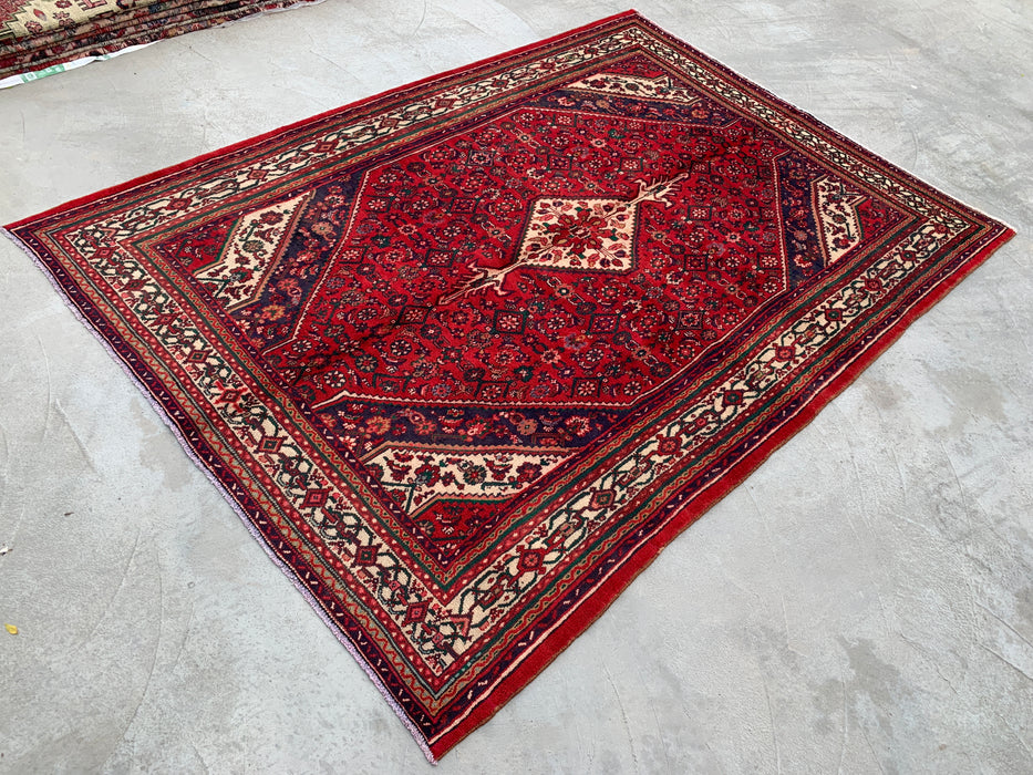Handgeweven Perzisch wollen vloerkleed 7x10 - Rood, ivoor & marineblauw tribaal medaillon Perzische stijl vloerkleed - Exacte afmeting 9'8" x 6'10" - KBHM-818