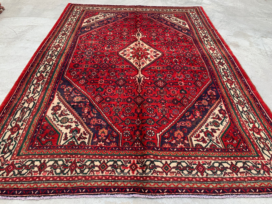 Handgeweven Perzisch wollen vloerkleed 7x10 - Rood, ivoor & marineblauw tribaal medaillon Perzische stijl vloerkleed - Exacte afmeting 9'8" x 6'10" - KBHM-818
