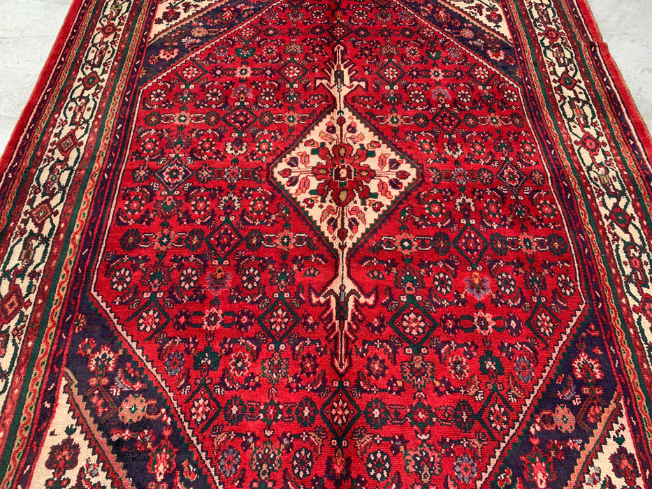 Handgeweven Perzisch wollen vloerkleed 7x10 - Rood, ivoor & marineblauw tribaal medaillon Perzische stijl vloerkleed - Exacte afmeting 9'8" x 6'10" - KBHM-818