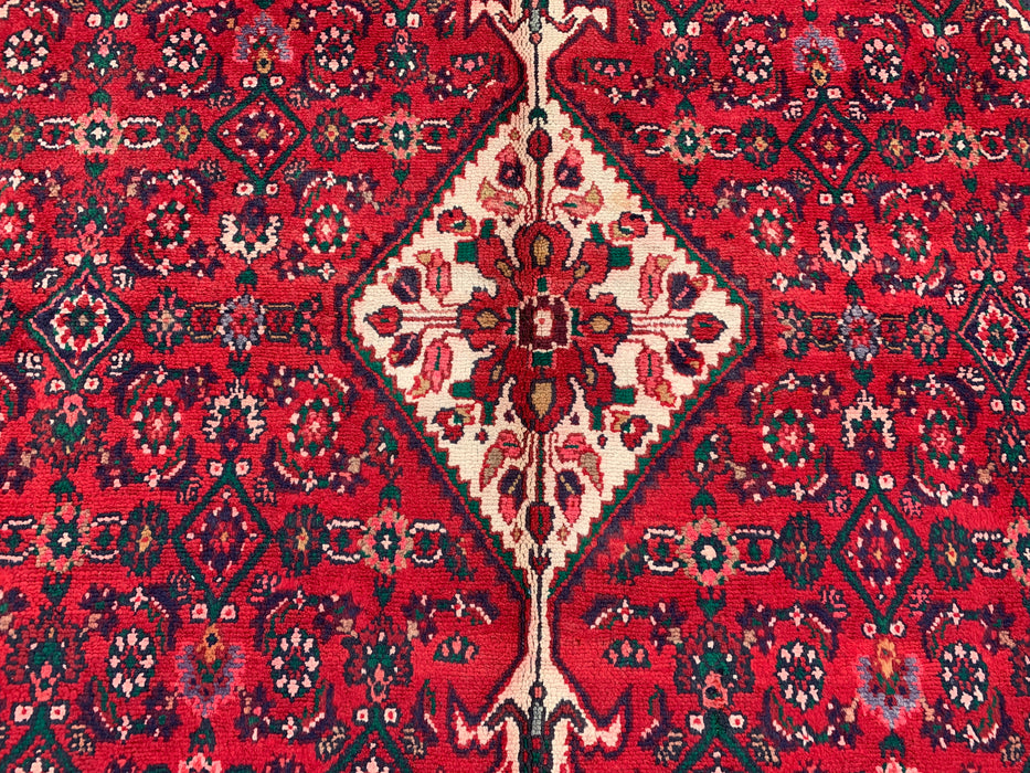 Handgeweven Perzisch wollen vloerkleed 7x10 - Rood, ivoor & marineblauw tribaal medaillon Perzische stijl vloerkleed - Exacte afmeting 9'8" x 6'10" - KBHM-818