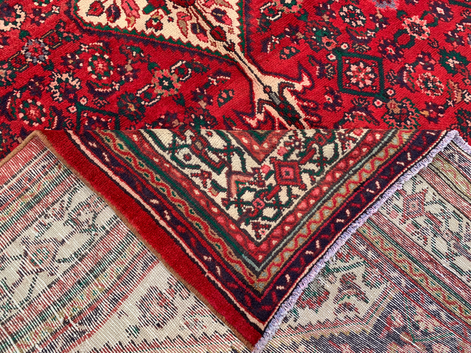 Handgeweven Perzisch wollen vloerkleed 7x10 - Rood, ivoor & marineblauw tribaal medaillon Perzische stijl vloerkleed - Exacte afmeting 9'8" x 6'10" - KBHM-818