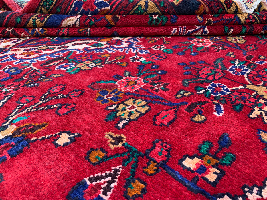 9'8" x 7'2" Handgeknoopt Perzisch wollen tapijt – Rood, blauw & ivoorkleurig bloemenmedaillonontwerp – KBHM-819