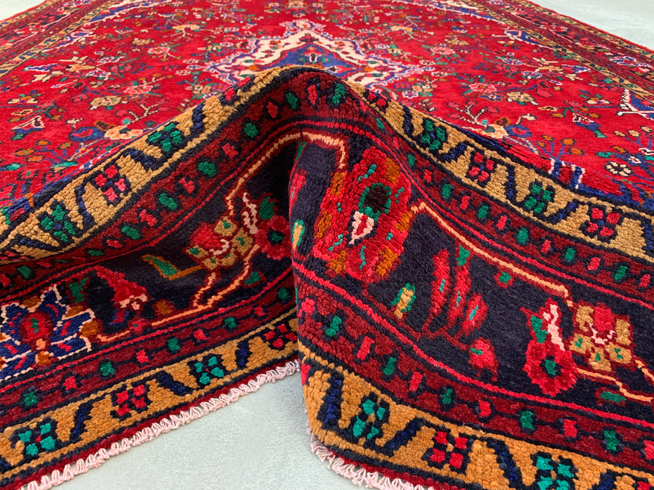 9'8" x 7'2" Handgeknoopt Perzisch wollen tapijt – Rood, blauw & ivoorkleurig bloemenmedaillonontwerp – KBHM-819