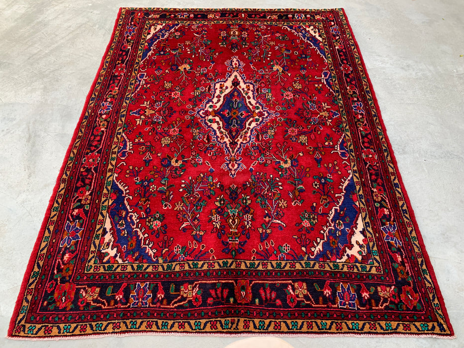 9'8" x 7'2" Handgeknoopt Perzisch wollen tapijt – Rood, blauw & ivoorkleurig bloemenmedaillonontwerp – KBHM-819