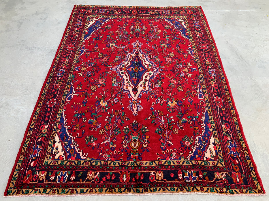 9'8" x 7'2" Handgeknoopt Perzisch wollen tapijt – Rood, blauw & ivoorkleurig bloemenmedaillonontwerp – KBHM-819