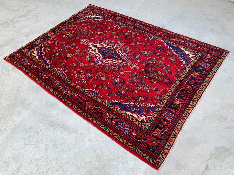 9'8" x 7'2" Handgeknoopt Perzisch wollen tapijt – Rood, blauw & ivoorkleurig bloemenmedaillonontwerp – KBHM-819