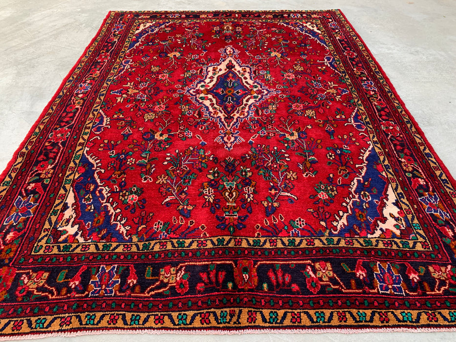 9'8" x 7'2" Handgeknoopt Perzisch wollen tapijt – Rood, blauw & ivoorkleurig bloemenmedaillonontwerp – KBHM-819