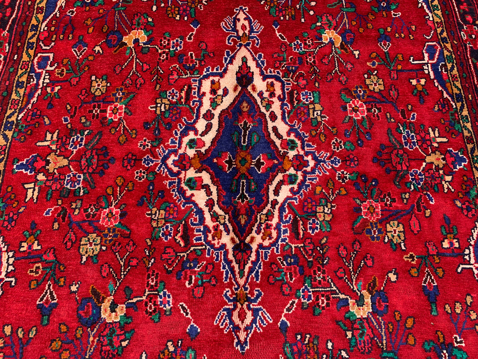 9'8" x 7'2" Handgeknoopt Perzisch wollen tapijt – Rood, blauw & ivoorkleurig bloemenmedaillonontwerp – KBHM-819