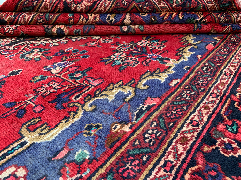Handgemaakt Perzisch wollen vloerkleed 7x10 - Rood, blauw & ivoorkleurig Perzisch tapijt met bloemenmedaillon - Exacte afmetingen 10'1" x 6'8" - KBHM-821
