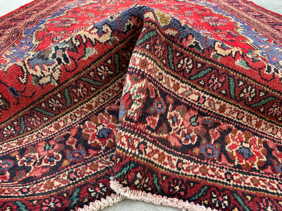 Handgemaakt Perzisch wollen vloerkleed 7x10 - Rood, blauw & ivoorkleurig Perzisch tapijt met bloemenmedaillon - Exacte afmetingen 10'1" x 6'8" - KBHM-821