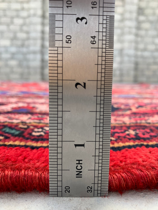 Handgemaakt Perzisch wollen vloerkleed 7x10 - Rood, blauw & ivoorkleurig Perzisch tapijt met bloemenmedaillon - Exacte afmetingen 10'1" x 6'8" - KBHM-821