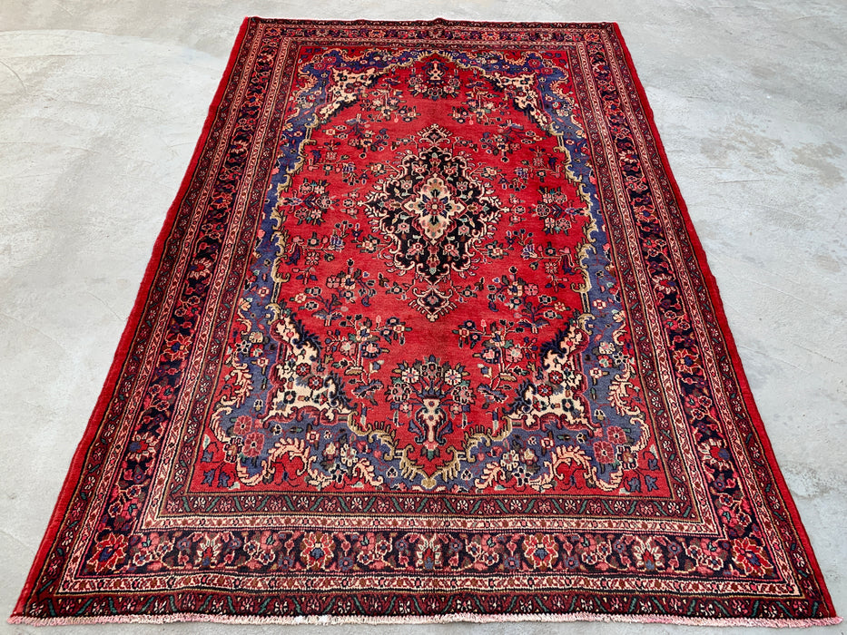 Handgemaakt Perzisch wollen vloerkleed 7x10 - Rood, blauw & ivoorkleurig Perzisch tapijt met bloemenmedaillon - Exacte afmetingen 10'1" x 6'8" - KBHM-821