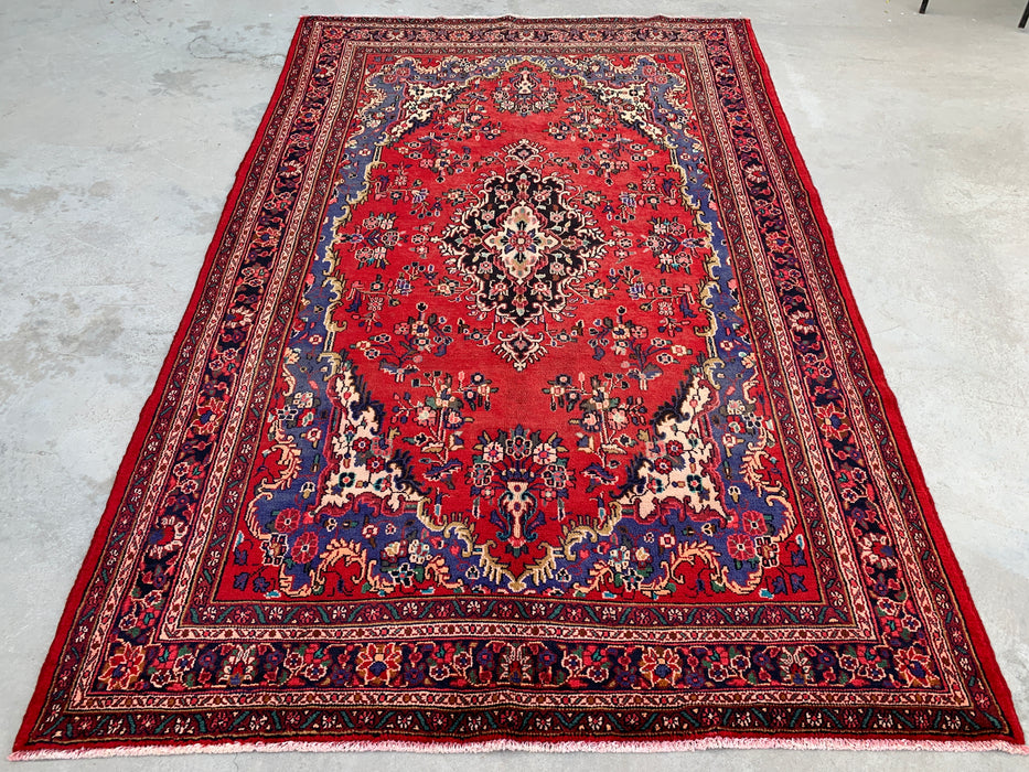 Handgemaakt Perzisch wollen vloerkleed 7x10 - Rood, blauw & ivoorkleurig Perzisch tapijt met bloemenmedaillon - Exacte afmetingen 10'1" x 6'8" - KBHM-821