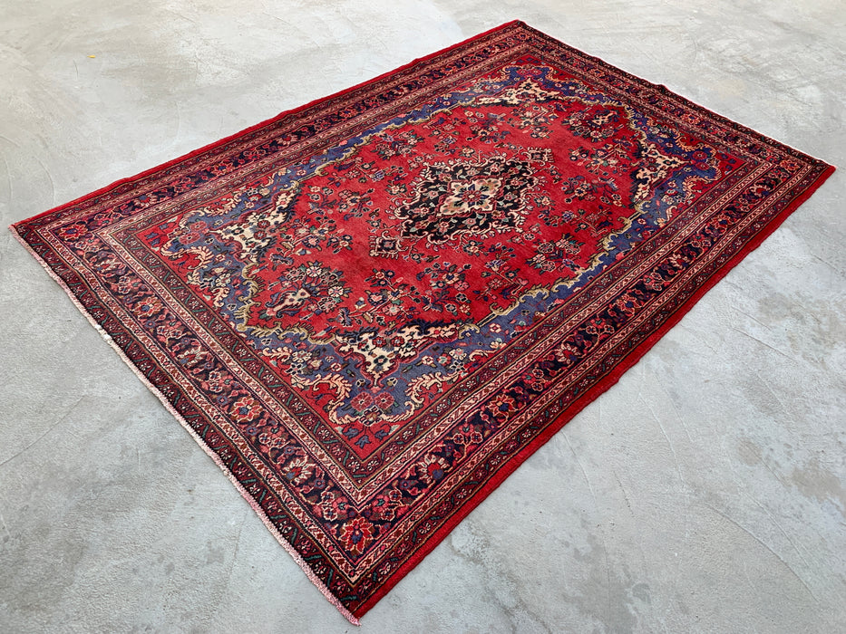 Handgemaakt Perzisch wollen vloerkleed 7x10 - Rood, blauw & ivoorkleurig Perzisch tapijt met bloemenmedaillon - Exacte afmetingen 10'1" x 6'8" - KBHM-821