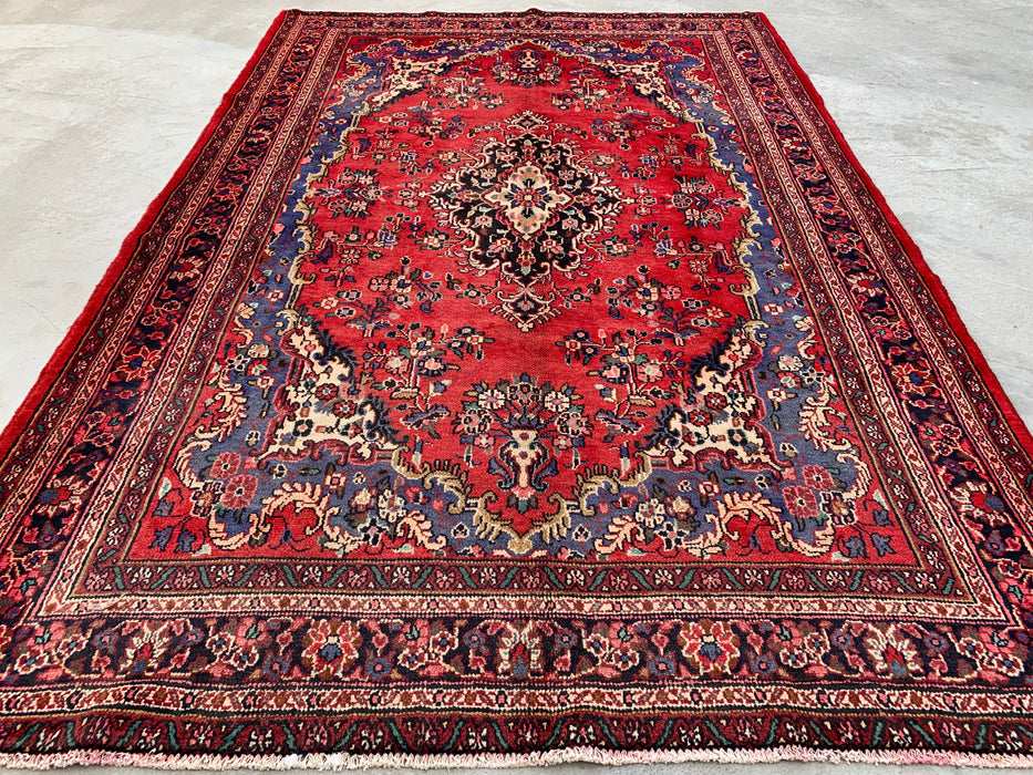 Handgemaakt Perzisch wollen vloerkleed 7x10 - Rood, blauw & ivoorkleurig Perzisch tapijt met bloemenmedaillon - Exacte afmetingen 10'1" x 6'8" - KBHM-821